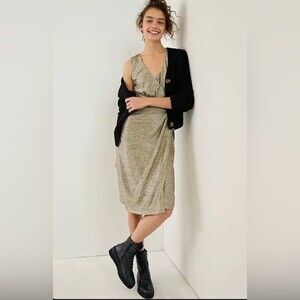 Anthropologie Kari Metallic Gold Cocktail Midi Faux Wrap Dress Size M Petite